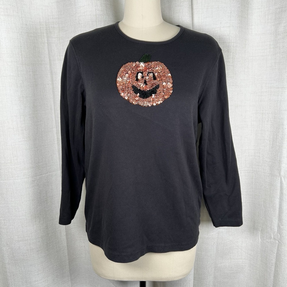 Designers Originals Studio Treat Women's Pumpkin Sequins Halloween Shirt XL